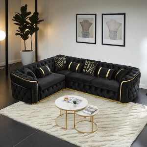 110.5" Luxury Italian Velvet L-Shaped Chesterfield Sofa with Gold Stainless Steel Accents, Tufted Sectional Couch with 7 Pillows for Living Room - 1 of 4