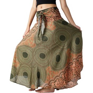 Women's Boho Maxi Skirt - Floral Print Long Flowy Skirt Green Floral - 1 of 4