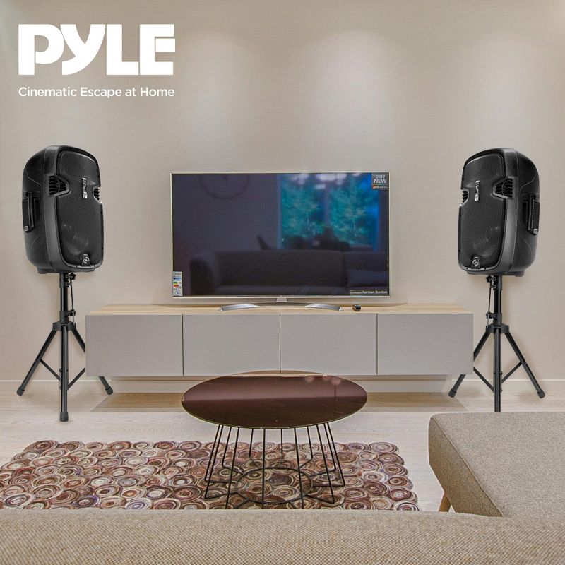 Pyle 12 Inch Active Passive Portable Bluetooth Wireless PA Dual Loudspeaker Sound System Kit with Wired Microphones, Speaker Stand, and Remote Control, 4 of 7