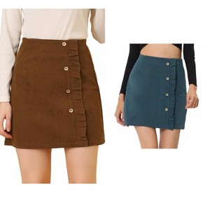 INSPIRE CHIC Women's Corduroy Vintage Button Decor Ruffled Trim High Waist Mini Skirt 2 Packs - 1 of 4