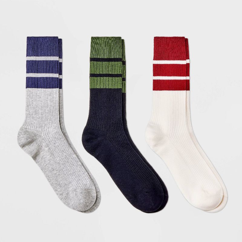 Men&#39;s Striped Ribbed Crew Socks 3pk - Goodfellow &#38; Co&#8482; Blue/Green/Red 6-12, 1 of 5