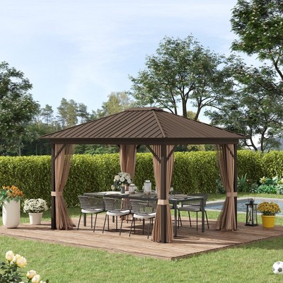 Brown Aluminum and Steel Hardtop Gazebo with Curtains