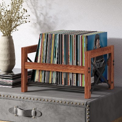 MaseiKar Vinyl Record Holder for 7-12 Albums, Holds 50-100 Records, DVDs, or CDs - Modern Wooden Storage Stand, File Organizer Rack, Brown