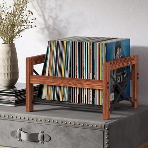 MaseiKar Vinyl Record Holder for 7-12 Albums, Holds 50-100 Records, DVDs, or CDs - Modern Wooden Storage Stand, File Organizer Rack, Brown - 1 of 4