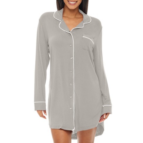 Women's Cotton Nightshirt Button Up Long Sleeves Sleep Shirt