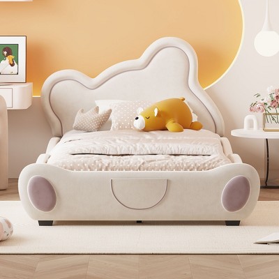 Whisen Velvet Platform Bed with Bear-Shaped Headboard and Bed-End Storage Pocket
