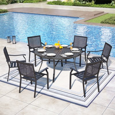 Captiva Designs 7pc Black Round Slatted Steel Table with Umbrella Hole& Metal Armrest Chairs