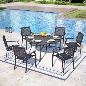 Captiva Designs 7pc Black Round Slatted Steel Table with Umbrella Hole& Metal Armrest Chairs - 1 of 4