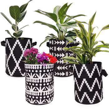 Darware Boho Black and White Grow Bags; 4pc Set Fabric Planter Pots in Geometric Design