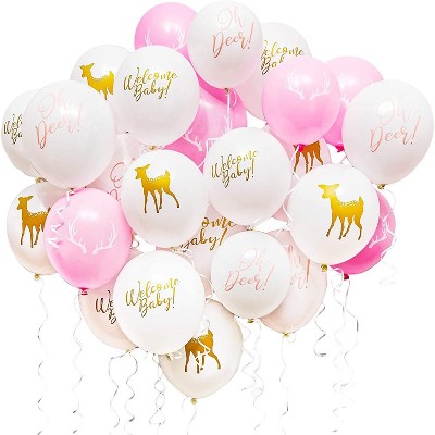 50-Pack Oh Deer & Welcome Baby Latex Balloons for Baby Shower Party Supplies and Decorations, 12” Pink & White, Ribbon Included