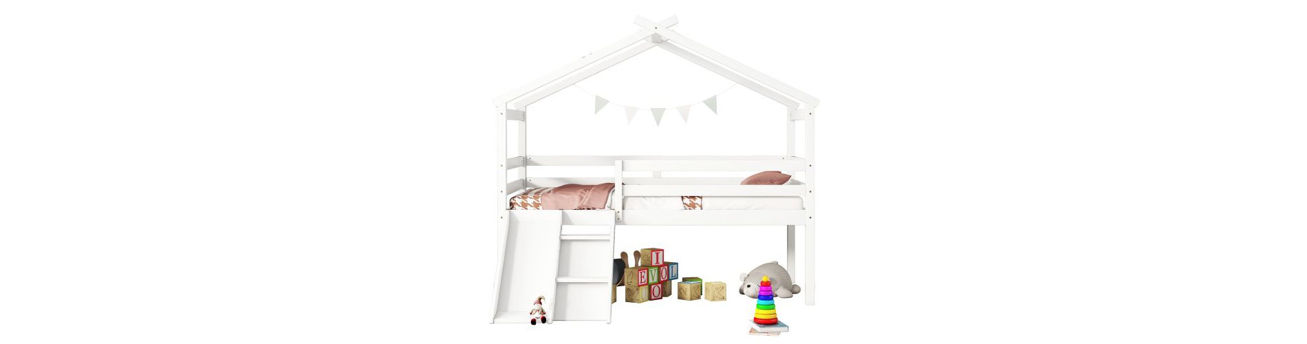 Twin Low Loft House Bed With Slide, Ladder, Safety Guardrails, House Roof Frame, No Spring Box Needed, Bedroom Furniture, Loft Bed For Kids, White