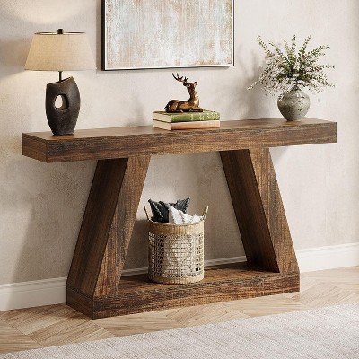 HDZNVF 55in Farmhouse Console Table with Storage Rustic Wooden Sofa Table, Industrial Accent Table in Dark Brown Finish