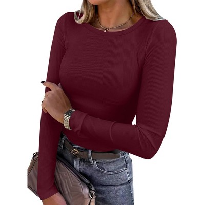 Women's Long Sleeve Rib Knit Shirt Slim Fit Basic Top Soft Casual Tee Fall Outfit 2025 Layering T-Shirt