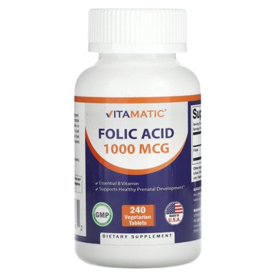 Vitamatic Folic Acid 1000 mcg (1 mg) - Vegetarian Tablets - 1667 mcg DFE - Vitamin B9 (240 Count (Pack of 1))