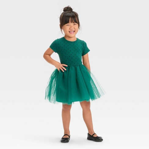 Toddler Girls' Dot Short Sleeve Knit Tulle Dress - Cat & Jack™ Green 4T