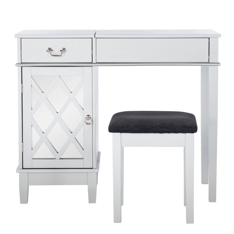 Glam Flip-up Mirror 1 Door Cabinet 1 Drawer Mirror and Wood Vanity and Stool Silver Lattice - Linon, 2 of 17