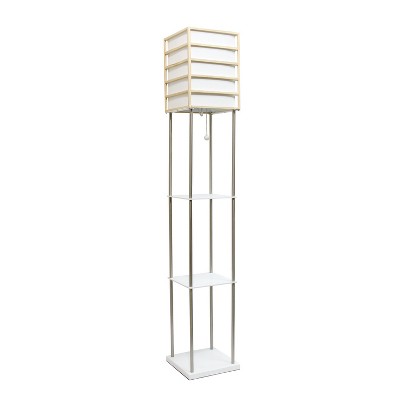 Metal/Wood Etagere Floor Lamp with Storage Shelves and Linen Shade Brushed Nickel - Lalia Home