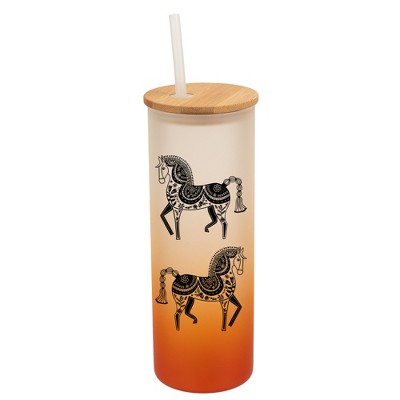 Elanze Designs Majestic Floral Horse Orange Frosted Gradient Glass Tumbler with Bamboo Lid & Straw 25 ounce Reusable Iced Coffee or Water Cup,