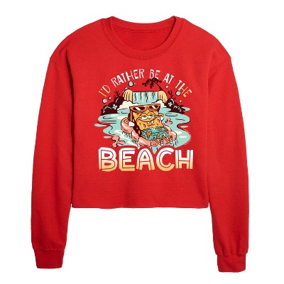 SpongeBob SquarePants Rather Be At Beach Cropped Long Sleeve Crew Neck Sweatshirt - Red - X-Large