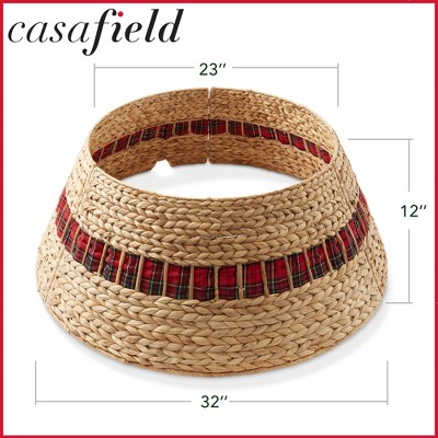 Natural Hyacinth Woven Christmas Tree Collar with Tartan Plaid Ribbon