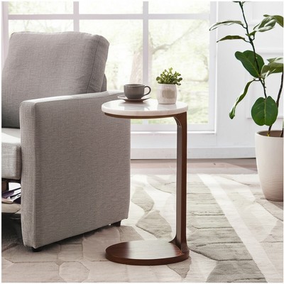 Chic End Table, Side Table, or Night Stand for Home Decor - Wood C-Shaped Bedside Table with Circular Base and Marble Top - Ideal for Small Spaces