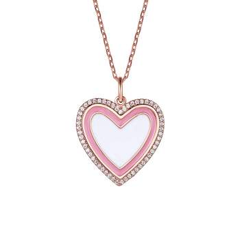 Guili Children's 18k Rose Gold Plated with Clear Cubic Zirconia and Enamel Halo Heart Pendant Necklace