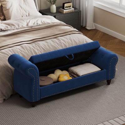 NicBex 64.5" Velvet Storage Ottoman Bench,Foot Stool with Sturdy Wood Legs,End of Bed Bench with Nails,Storage Bench for Bedroom&Living Room