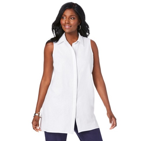 The White Collared Button Up Sleeveless Shirt - Women's White Sleeveless  Collared Shirt Dress - White - Tops | RIHOAS