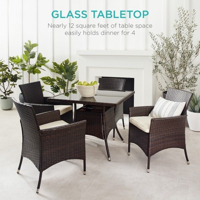 5-Piece Brown Wicker Patio Dining Set with Glass Tabletop and Cream Cushions