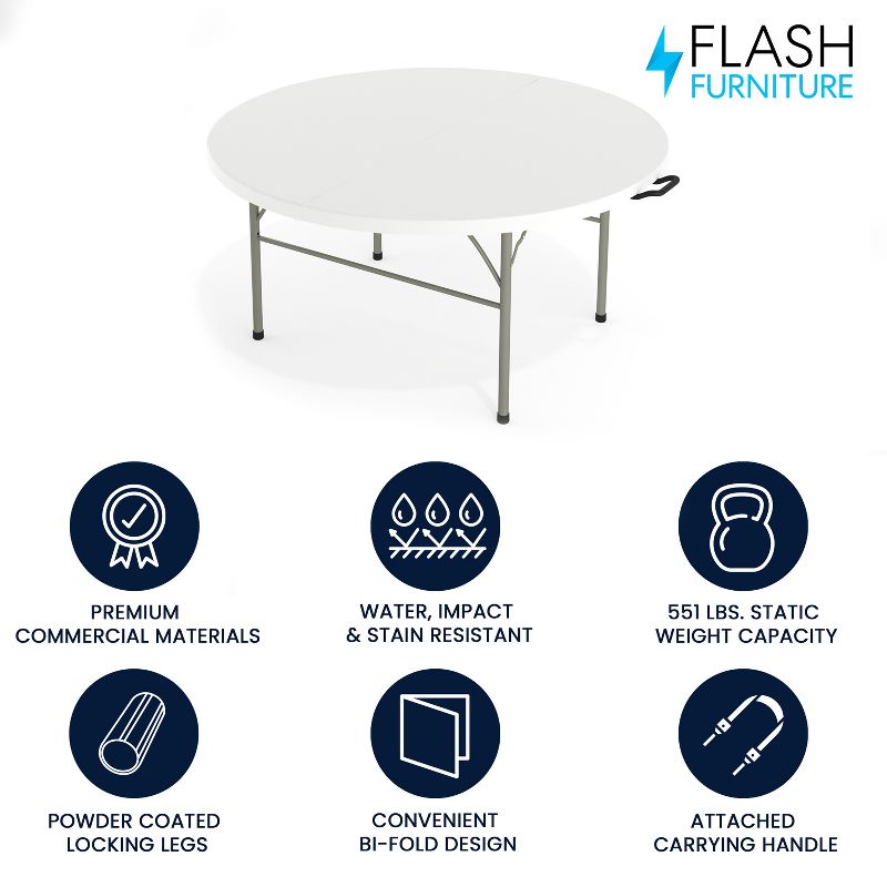 Flash Furniture Scarborough 5-Foot Round Bi-Fold White Plastic Folding Table with Carrying Handle, 3 of 15