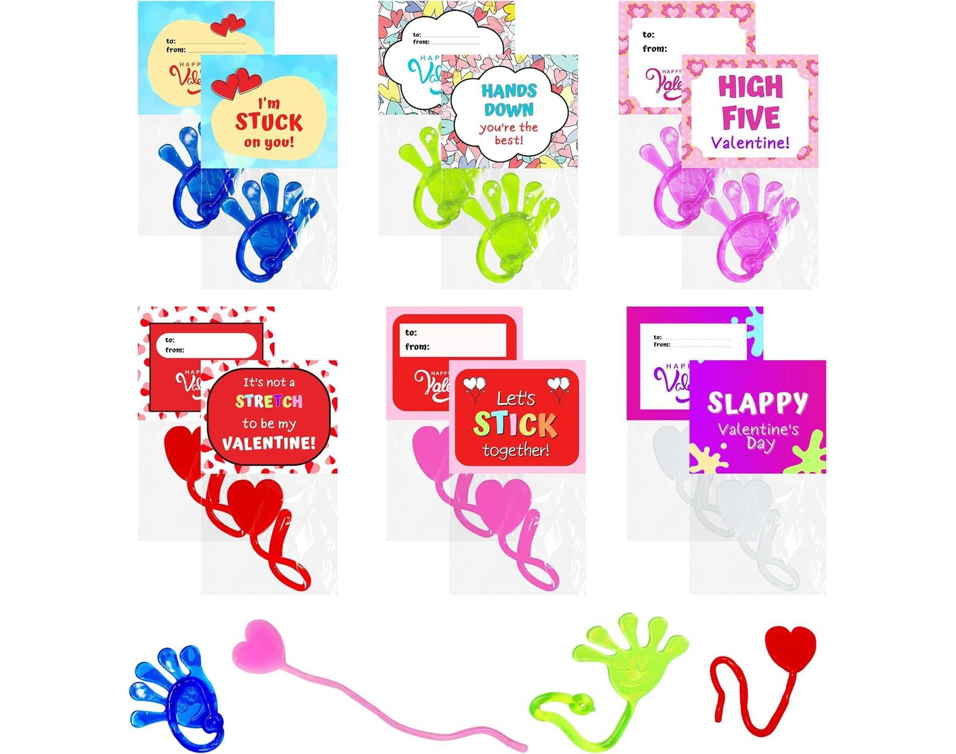 4E’s Novelty 32-Pack Valentine Day Slappy Hands Set with Stretch Hearts and Cards – Classroom Exchange Party Favors for Kids