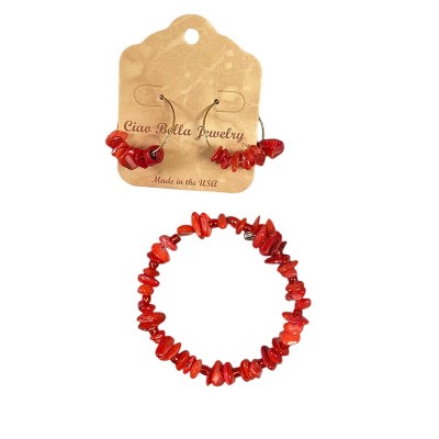 red agate bracelet and hoop earrings