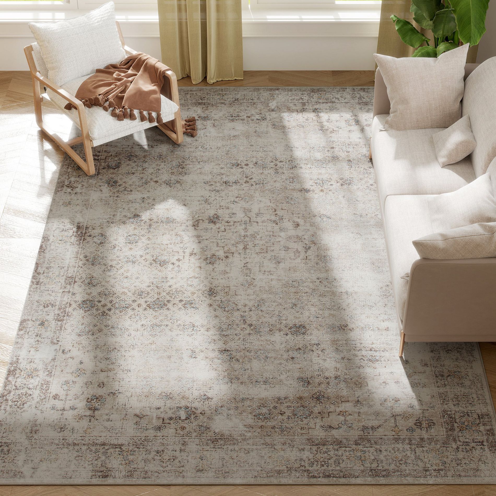 HOMCOM Machine Washable Area Rug 8x10, Non-Slip Traditional Floor Carpet for Living Room, Bedroom, Dining Room, Light Mixed-Brown