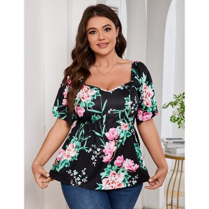 Womens Plus Size Sweetheart Neckline Printed Casual Summer Top Blouses - 1 of 4