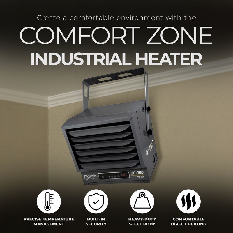 Comfort Zone 10,000 Watt Fan Forced Ceiling Mount Industrial Heater with 2 Heat Levels, Digital Thermostat, and Remote Control, Charcoal Gray, 2 of 6