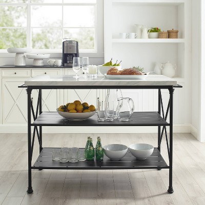 White Faux Marble and Matte Black Steel Kitchen Island Cart