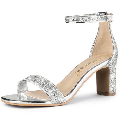 Women's Silver Glitter Shoes Chunky Heels Ankle Strap Sandals