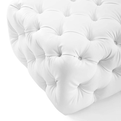 Luxe White Faux Leather Tufted Square Ottoman with Dense Foam Padding