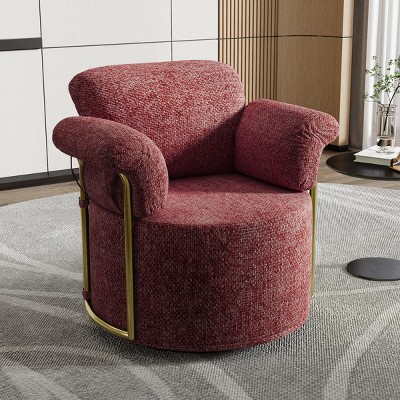 360° Swivel Boucle Barrel Chair, Upholstered Armchair with Gold Metal Legs, Comfortable Round Accent Chair for Living Room - Koiai