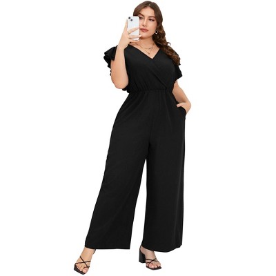 Plus Size Women's High Waist Wide Leg Jumpsuit Double-Layer Flutter Sleeves for Casual or Office Wear