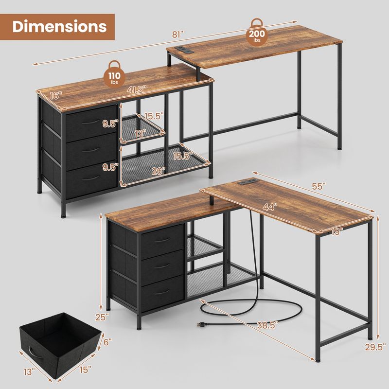 Costway L-shaped Computer Desk with Power Outlet, Drawers, Metal Mesh Shelves Rustic Brown/Black/White, 3 of 10