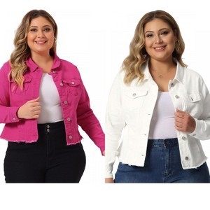 Women's Plus Size 2 Pieces Classic Denim Front Frayed Casual Long Sleeve Fashion Jean Jackets - Agnes Orinda - 1 of 4
