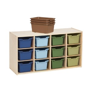 ECR4Kids Streamline 12 Cubby Tray Cabinet with 15 Scoop Front Storage Bins, 3x4, Natural - 1 of 4
