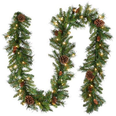 National Tree Company Pre-Lit Artificial Christmas Garland, Green, Evergreen, White Lights, With Pine Cones, Plug In,9 Feet