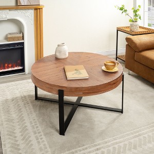 PAGED Round Coffee Table, Wooden Carving Pattern Center Table, Modern End Table with Metal Legs for Living Room, Office - 1 of 4