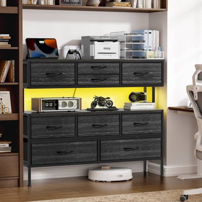 WOWLIVE 9 Dresser for Bedroom, Chest of Drawers with Fabric Drawer, 55’’ TV Stand with Charging Station and LED Lights