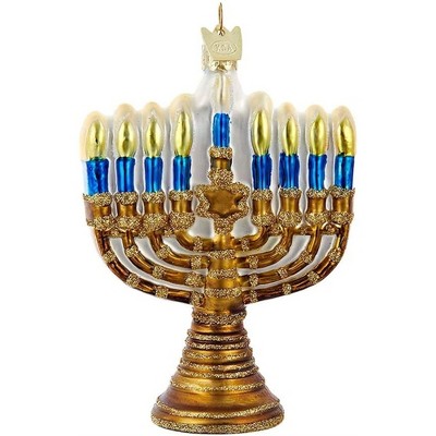 Kurt Adler Noble Gems Glass Ornament for Christmas Tree, Gold Menorah
