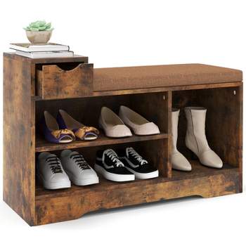Tangkula Shoe Bench with Cushion Entryway Shoe Storage Bench with Drawer 2-Tier Shelf & Open Cubby Supports up to 330 Lbs