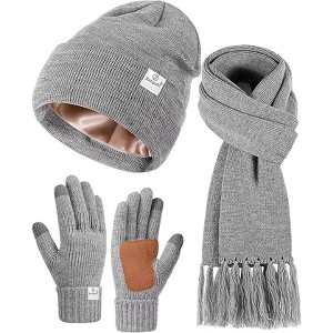 SENPUKI Womens Satin Lined Beanie Scarf Gloves Set, Silk Lined Winter Hats Knit Scarf Touchscreen Gloves, 3 Fashionable Warm Gift Set - 1 of 1