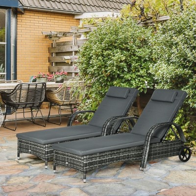 Gray Wicker Outdoor Chaise Lounge Set with Cushions and Wheels